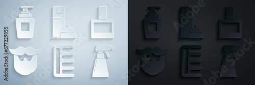 Set Hairbrush, Aftershave, Mustache and beard, Hairdresser pistol spray bottle, Shaving gel foam and Bottle of shampoo icon. Vector