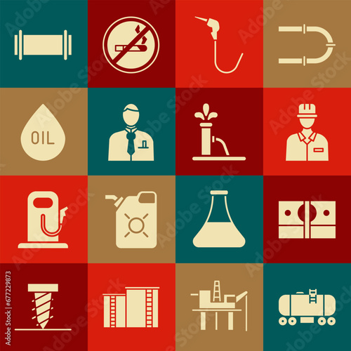 Set Oil railway cistern, Stacks paper money cash, Oilman, Gasoline pump nozzle, Businessman or stock market trader, drop, Industry pipe and jack icon. Vector