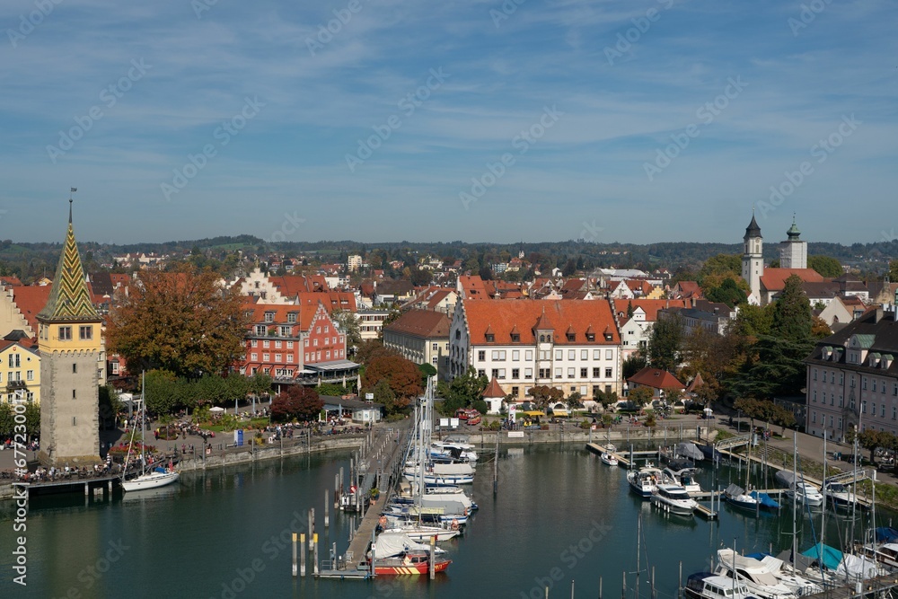 Aerial drone view of moored boats at the port of Lindau on Lake Constance