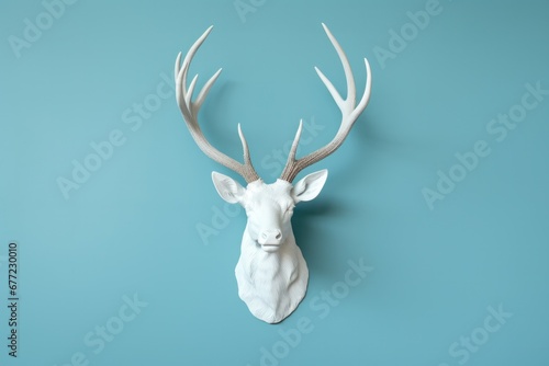 Minimalist white deer head sculpture with antlers on blue wall, modern home decor, simplicity in interior design. © Postproduction