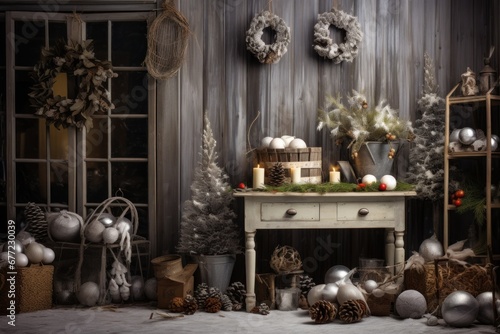 Vintage Christmas decor on rustic wooden backdrop, festive wreath and pine cones