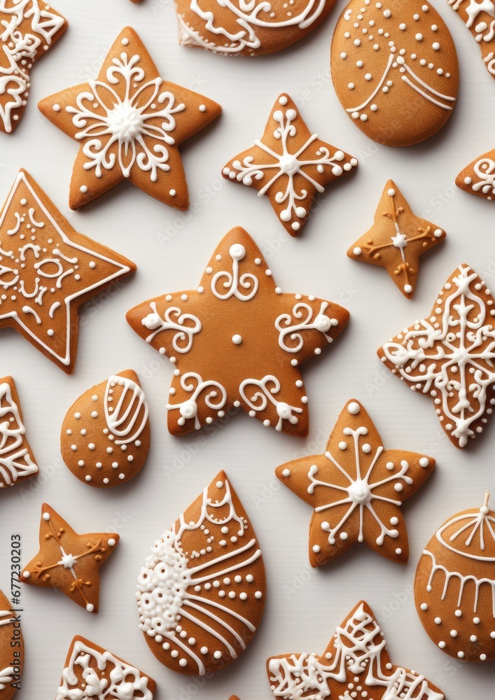 Tasty decorated gingerbread on a light background. Christmas pastry. Generative AI.