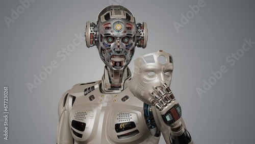 Detailed futuristic robot man or humanoid cyborg removes his face mask showing vey complex mechanism of his head with many gears. 3d rendering animation isolated on color background with alpha