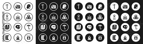 Set Coffin with cross, Old crypt, Location grave, Hammer, Grave tombstone, Umbrella and Death certificate icon. Vector