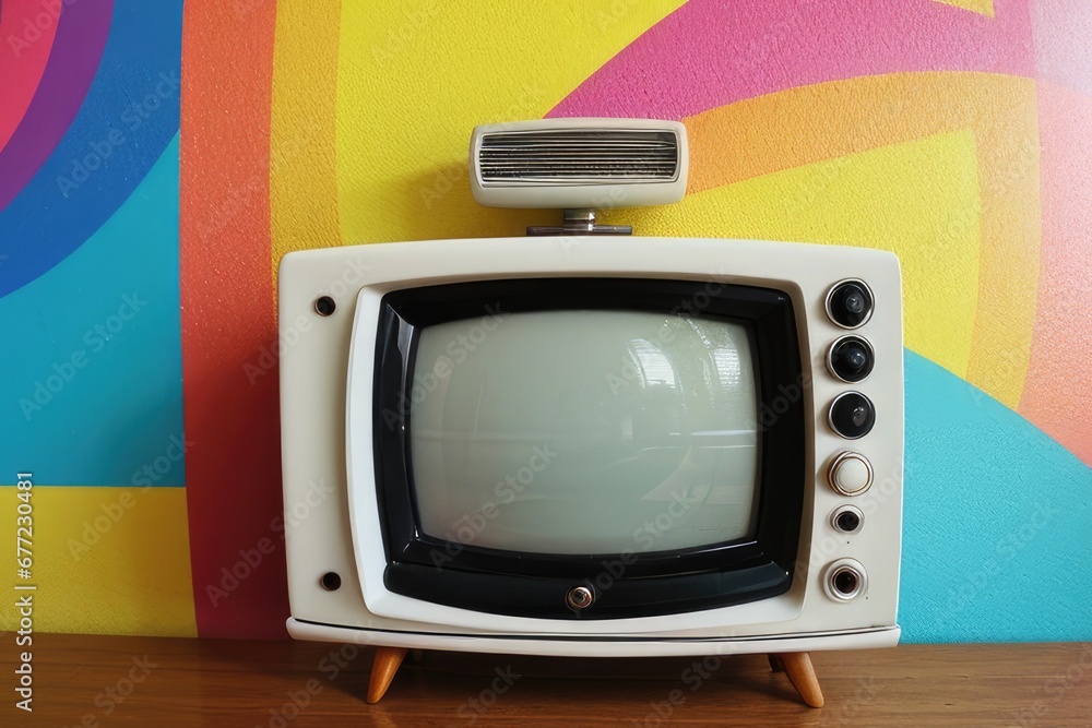 Vintage television on the wooden table and colorful wall in background.