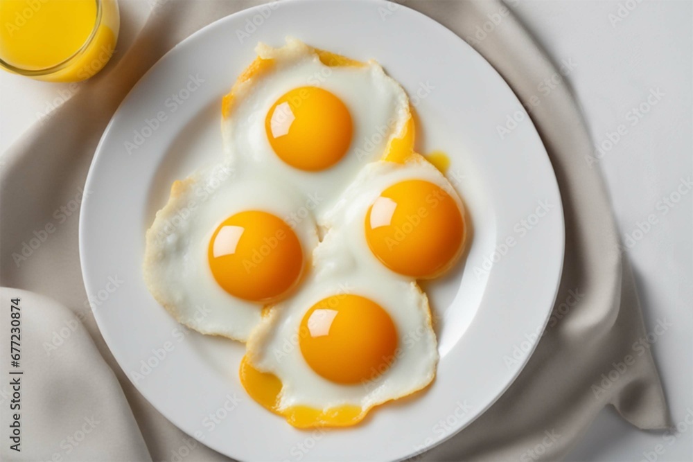 Fried eggs on a white plate. Scrambled eggs with whole yolks. Serving breakfast. Fried eggs on a white plate. Scrambled eggs with whole yolks. Serving breakfast.