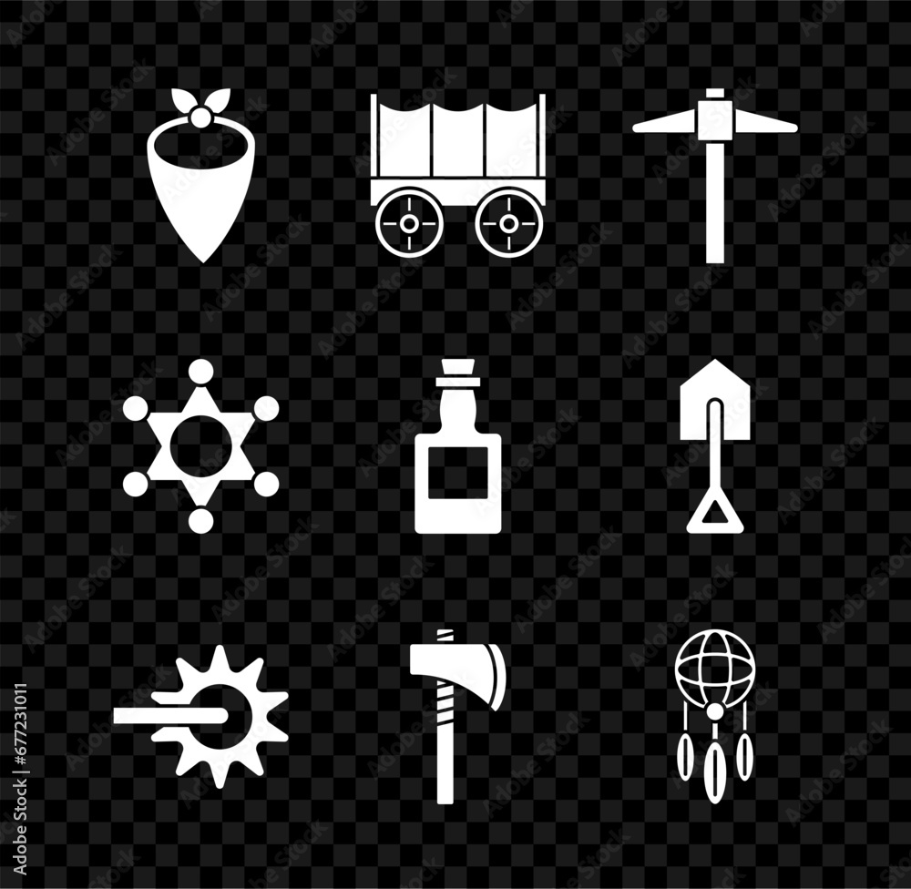 Set Cowboy bandana, Wild west covered wagon, Pickaxe, Spur, Tomahawk, Dream catcher with feathers, Hexagram sheriff and Tequila bottle icon. Vector