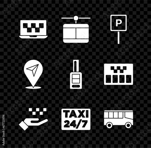 Set Laptop call taxi service, Cable car, Parking, Hand with, Location, Bus, and Car key remote icon. Vector