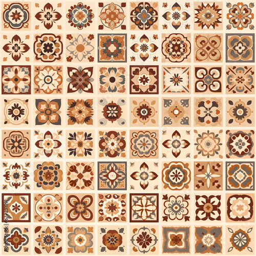 azulejo, seamless pattern. wall ceramic tiles. a repeating backdrop, a set of square tiles in beige and brown colors.