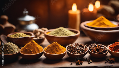 variety of spices in bowls on a wooden table. There are at least 10 different spices visible, including cumin, coriander, turmeric, paprika, and garam masala 