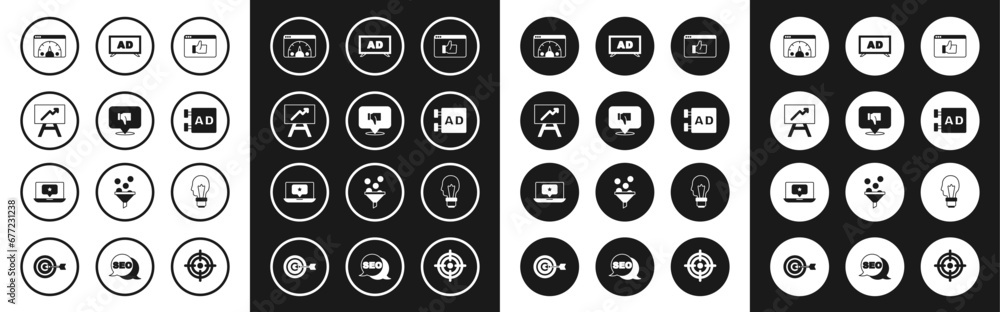 Set Customer product rating, Dislike speech bubble, Board with graph chart, Website statistic, Advertising, Light bulb concept of idea and Laptop star icon. Vector Set Customer product rating, Dislike speech bubble, Board with graph chart, Website statistic, Advertising, Light bulb concept of idea and Laptop star icon. Vector