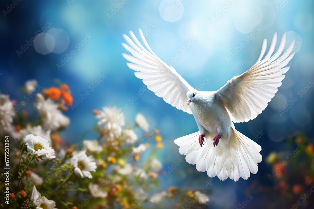 White dove flying around flowers on blue background, International Day of Peace concept background
White dove flying around flowers on blue background, International Day of Peace concept background