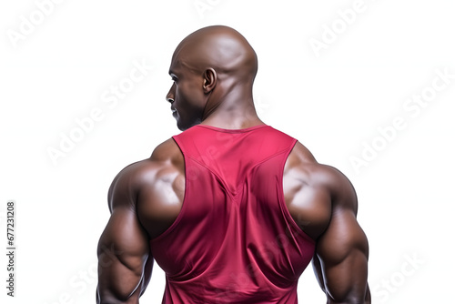an African American man, the back of an athlete with bulky muscles in a red T-shirt. male persona, bodybuilder. male athletic figure. powerlifting, power sports.