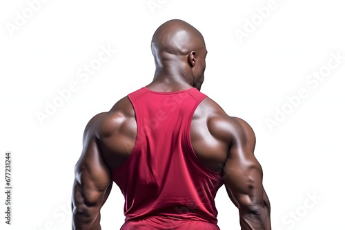 an African American man, the back of an athlete with bulky muscles in a red T-shirt. male persona, bodybuilder. male athletic figure. powerlifting, power sports.