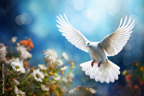 White dove flying around flowers on blue background, International Day of Peace concept background  © Nongkran