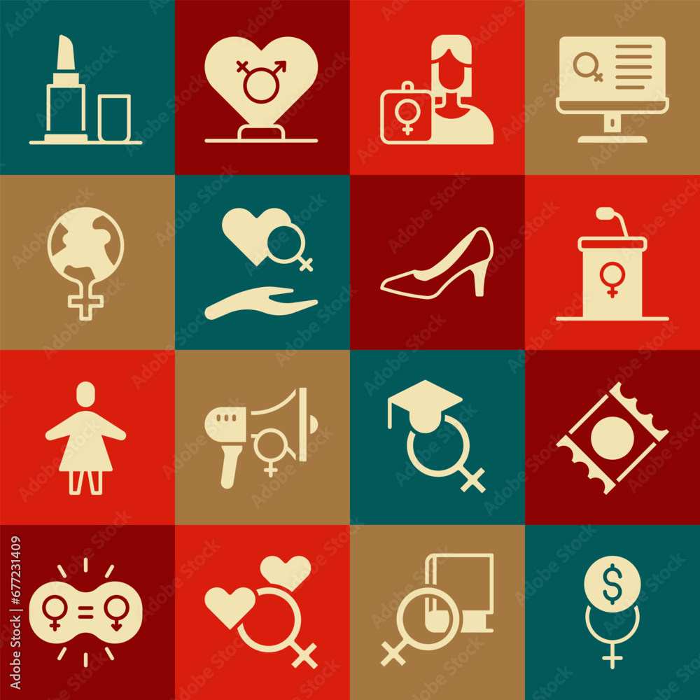 Set Feminism finance, Condom package, Debate podium rostrum, Feminist activist, Heart with female gender, the world, Lipstick and Woman shoe icon. Vector Set Feminism finance, Condom package, Debate podium rostrum, Feminist activist, Heart with female gender, the world, Lipstick and Woman shoe icon. Vector