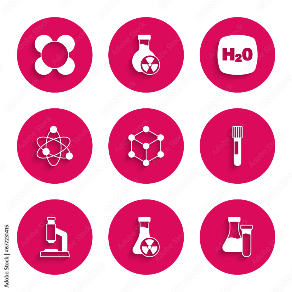 Set Molecule, Test tube with toxic liquid, Microscope, Atom, Chemical formula H2O and icon. Vector Set Molecule, Test tube with toxic liquid, Microscope, Atom, Chemical formula H2O and icon. Vector
