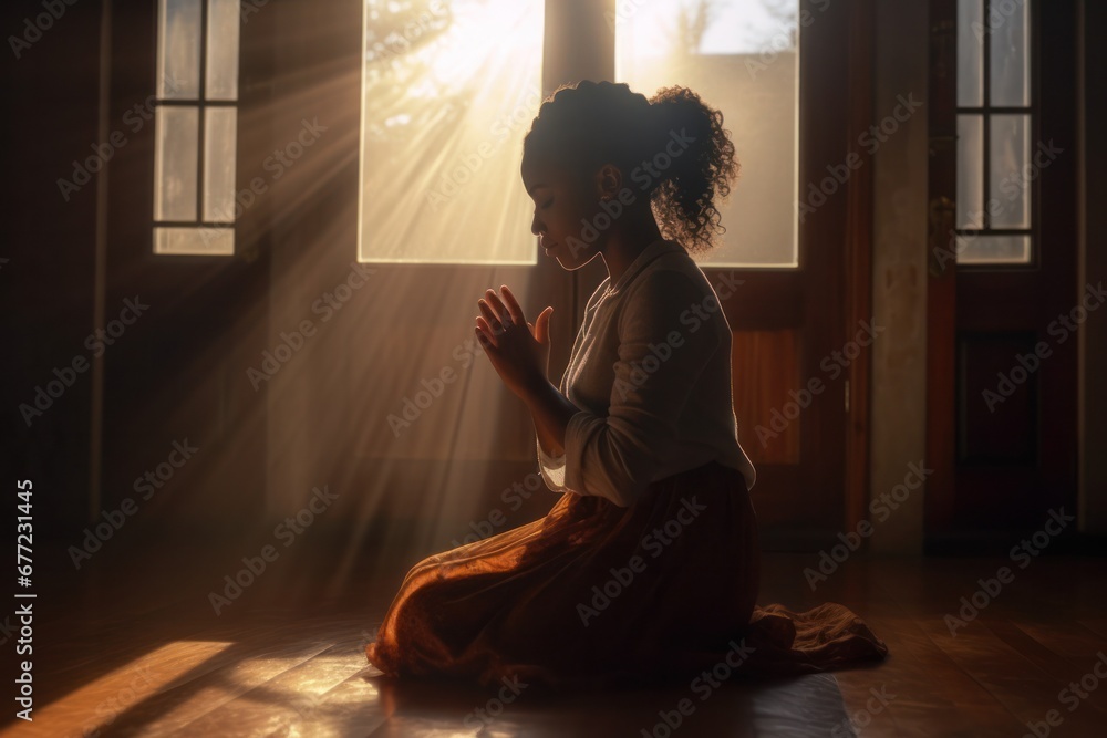 Young Muslim black woman kneeling in prayer, with rays of sunlight streaming through the window, creating a heavenly ambiance Young Muslim black woman kneeling in prayer, with rays of sunlight streaming through the window, creating a heavenly ambiance