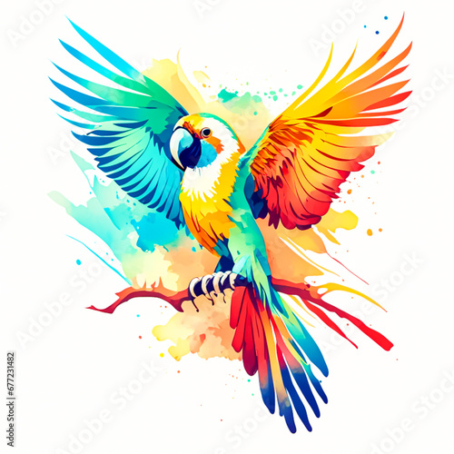 Beautiful parrot with colorful wings. Hand drawn