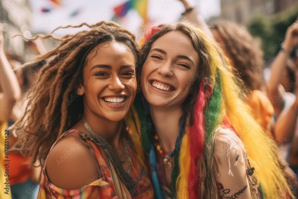Two women of different ethnicities embracing in a joyful and vibrant LGBTQ pride parade. Two women of different ethnicities embracing in a joyful and vibrant LGBTQ pride parade.