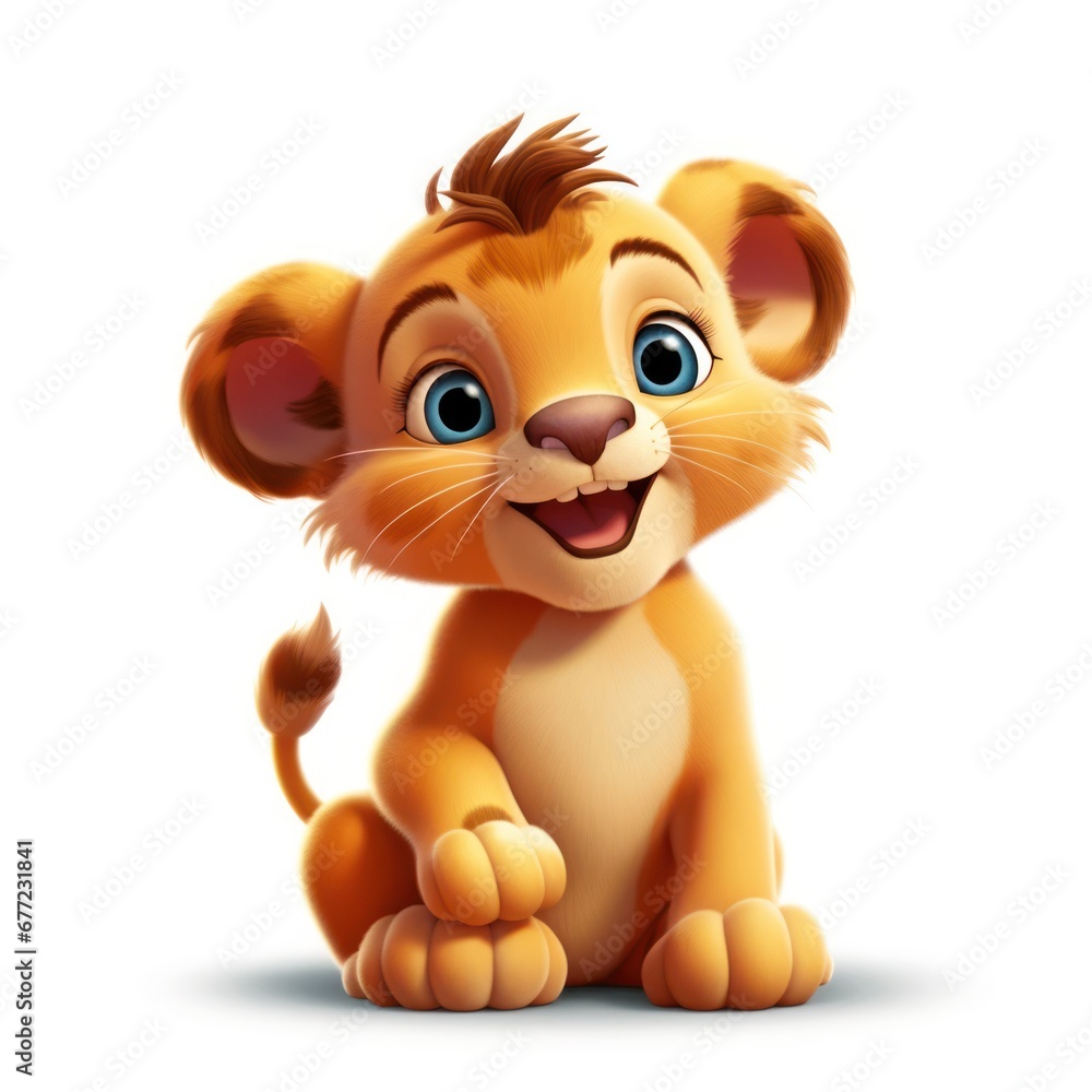 Fototapeta premium Playful baby lion with smile, cute and lively cartoon on white background. Generative AI