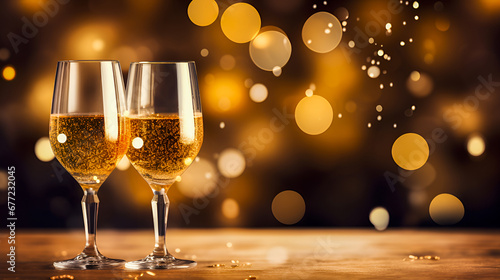 Two potbellied glasses of champagne on background of bokeh and glitter lights. Champagne bubbles sparkle on blurry Christmas background. Party and holiday celebration concept. Copy space. photo