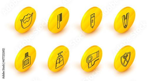 Set line Scissors hairdresser and shield, Hair dryer, Aftershave, Curling iron for, Electrical clipper shaver, Hairbrush and Mustache beard icon. Vector