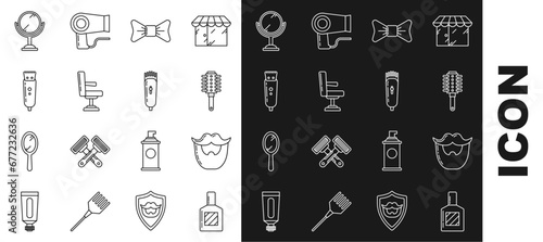 Set line Aftershave, Mustache and beard, Hairbrush, Bow tie, Barbershop chair, Electrical clipper or shaver, Hand mirror and icon. Vector