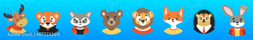 Collection of portraits of cute wild animals in clothes in round frames isolated on white background. Bundle of faces or muzzles of funny characters. Flat cartoon vector illustration for children.