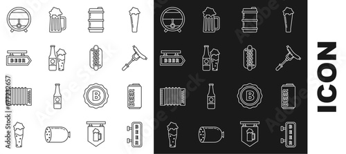 Set line Street signboard with inscription Beer, can, Sausage the fork, Metal beer keg, bottle and glass, Wooden barrel rack stopcock and Hotdog sandwich mustard icon. Vector