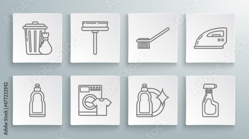 Set line Plastic bottles for liquid dishwashing liquid, Squeegee, scraper, wiper, Washer and t-shirt, Cleaning spray with detergent, Toilet brush, Electric iron and Trash can garbage bag icon. Vector