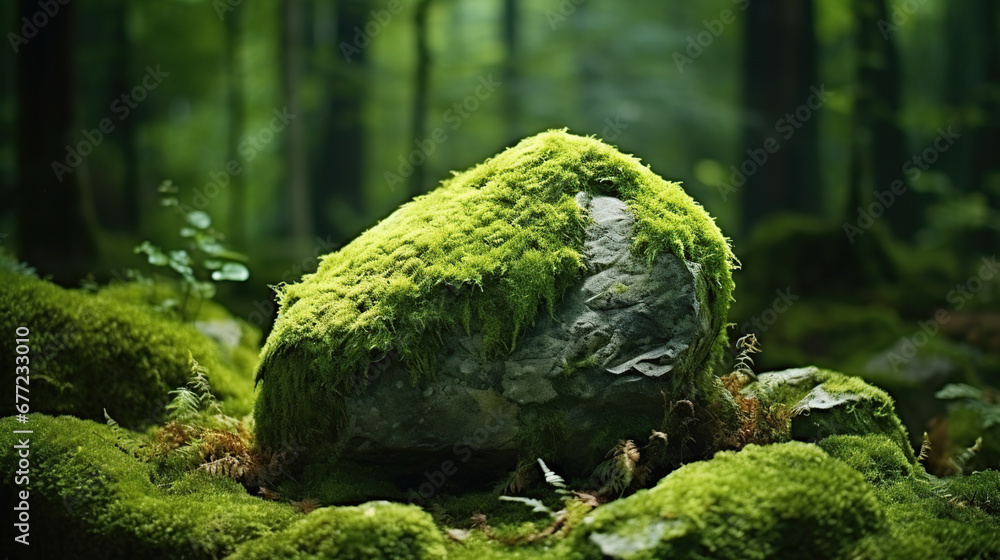 Enchanting Forest Landscape: Vibrant Moss-Covered Stone Amidst Wildlife Wonders, Vibrant Green Moss-Covered Stone for Product Display and Mockup Enchanting Forest Landscape: Vibrant Moss-Covered Stone Amidst Wildlife Wonders, Vibrant Green Moss-Covered Stone for Product Display and Mockup