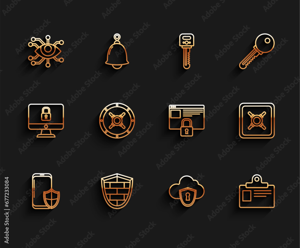 Set line Smartphone with security shield, Shield cyber brick wall, Eye scan, Cloud and, Identification badge, Safe, and Secure your site HTTPS, SSL icon. Vector Set line Smartphone with security shield, Shield cyber brick wall, Eye scan, Cloud and, Identification badge, Safe, and Secure your site HTTPS, SSL icon. Vector