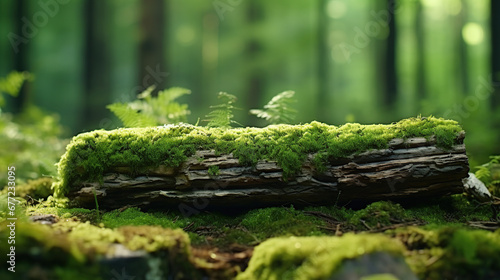 Enchanting Forest Landscape: Vibrant Moss-Covered Wood Amidst Wildlife Wonders, Vibrant Green Moss-Covered Wood for Product Display and Mockup