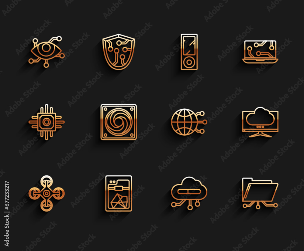 Set line Drone, 3D printer, Virtual reality, Internet of things, Folder and lock, Computer cooler, monitor screen and Global technology social network icon. Vector Set line Drone, 3D printer, Virtual reality, Internet of things, Folder and lock, Computer cooler, monitor screen and Global technology social network icon. Vector