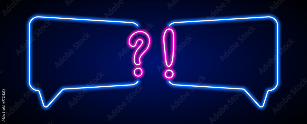Neon quiz frame with question and exclamation. Faq question answer template. Neon quiz border - obrazy, fototapety, plakaty 