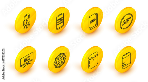 Set line Voice assistant, Monitor display with 5k video, Ar, augmented reality, SSD card, Mobile and graphic password protection and Lock digital circuit board icon. Vector