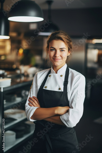 gourmet cuisine expert standing in restaurant professional kitchen with arms crossed while smiling, with blurred restaurant, location in the back, empty copy space