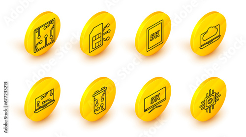 Set line Processor, Monitor display with 5k video, Video graphic card, Laptop, Cloud technology data transfer and storage, Tablet text, Sim and icon. Vector