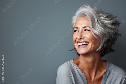 Radiant elderly senior model woman with graceful grey hair, portraying joy and positivity through a genuine and warm smile photo