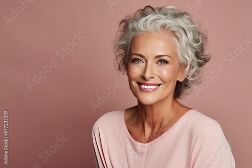 Radiant elderly senior model woman with graceful grey hair  portraying joy and positivity through a genuine and warm smile