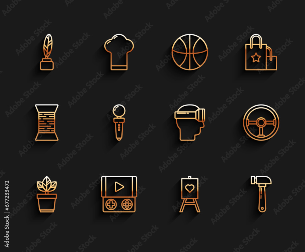 Set line Flowers in pot, Portable video game console, Feather and inkwell, Wood easel painting art boards, Hammer, Joystick for arcade machine, Steering wheel and Virtual reality glasses icon. Vector Set line Flowers in pot, Portable video game console, Feather and inkwell, Wood easel painting art boards, Hammer, Joystick for arcade machine, Steering wheel and Virtual reality glasses icon. Vector