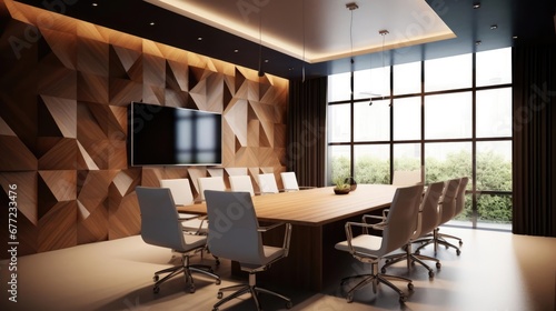 Modern conference room interior wood paneling 