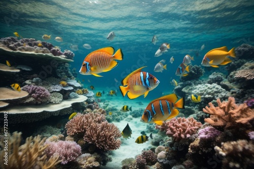 Beautiful underwater world with colorful fish, algae, coral reefs
