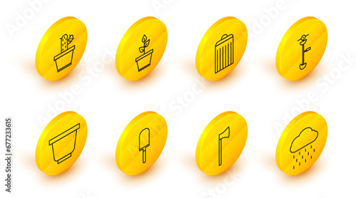 Set line Cloud with rain, Wooden axe, Garden trowel spade or shovel, Flower pot, Grass and weed electric string trimmer, Trash can, Plant and Cactus succulent icon. Vector