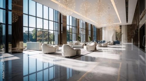 Modern luxury hotel or business office lobby glass chandeliers white couches full window wall marble floor  photo