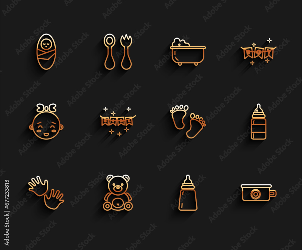 Set line Baby hands print, Teddy bear plush toy, Newborn baby infant swaddled, bottle, potty, Carnival garland with flags, and footprints icon. Vector Set line Baby hands print, Teddy bear plush toy, Newborn baby infant swaddled, bottle, potty, Carnival garland with flags, and footprints icon. Vector
