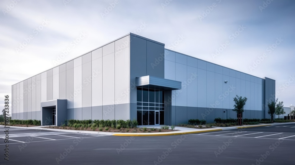 Modern sleek warehouse office building facility exterior architecture gray 