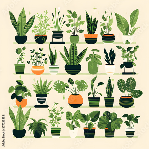 a collection of different green house plants in pots.