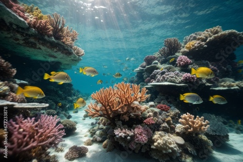 Beautiful underwater world with colorful fish  algae  coral reefs. Ecosystem  ocean  nature  flora and fauna concepts